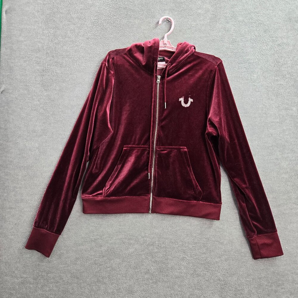 True Religion‎ Women Hoodie Large Burgundy Velour Buddha Guitar Zip Long Sleeve
